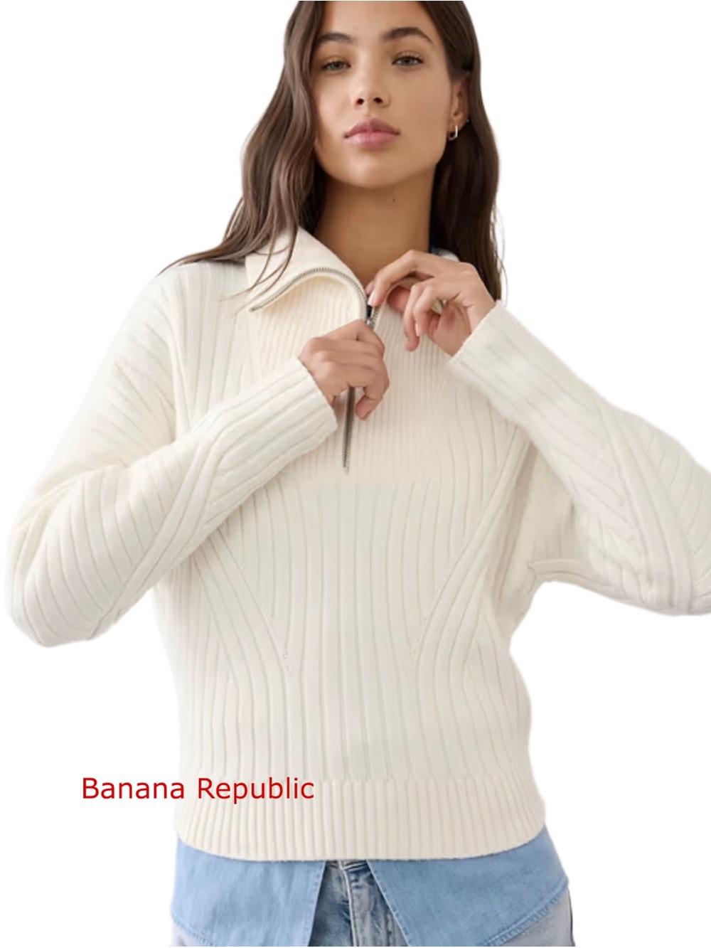 Banana Republic Off-White Ribbed Half-Zip Turtleneck Sweater